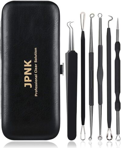 JPNK Blackhead Remover Tool Comedones Extractor Acne Removal Kit for Blemish, Whitehead Popping, 6 Pcs Zit Removing for Nose Face Tools with a Leather Bag in Kuwait