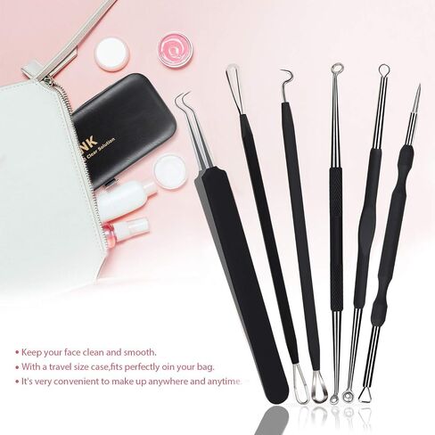 JPNK Blackhead Remover Tool Comedones Extractor Acne Removal Kit for Blemish, Whitehead Popping, 6 Pcs Zit Removing for Nose Face Tools with a Leather Bag in Kuwait