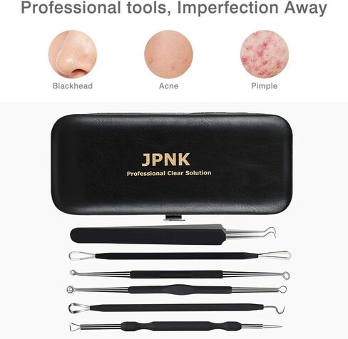 JPNK Blackhead Remover Tool Comedones Extractor Acne Removal Kit for Blemish, Whitehead Popping, 6 Pcs Zit Removing for Nose Face Tools with a Leather Bag in Kuwait