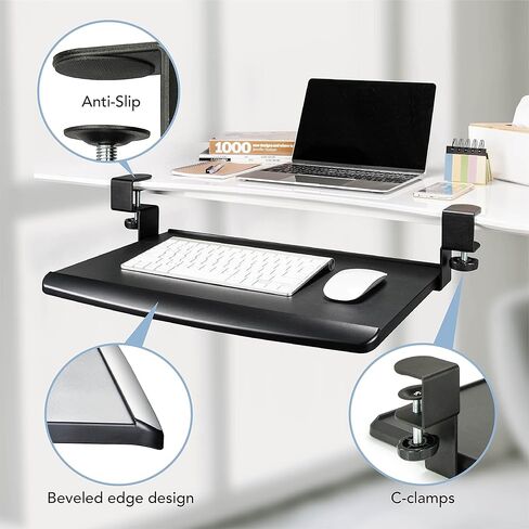EHO Large Ergonomic C-Clamp Keyboard Tray Mount Under Desk with Wrist Rest, Slide-Out Platform 27.5x12.2 inch, Pull Out Keyboard & Mouse Tray Save Space Easy Installation for Home or Office, Black in Saudi Arabia