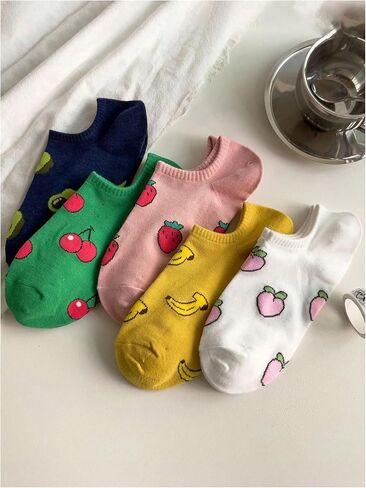 WDIRARA Women's 5 Pair Colorful Fruit Print Ankle Socks Cute Novelty Low Cut Sock Pairs in Saudi Arabia
