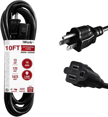 2 Pack of 3 Ft Black Extension Cord, Weather-Resistant 16/3 SJTW, 1625 Watt, 13 AMP Rating with UL Listed for Indoor and Outdoor Uses in Kuwait