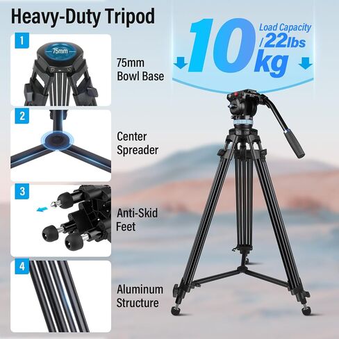 SIRUI AVT-02 Video Tripod, 74.8" Heavy Duty Tripod with 360 Degree Fluid Head and Quick Release Plate for DSLR, Camcorder, Camera in Kuwait