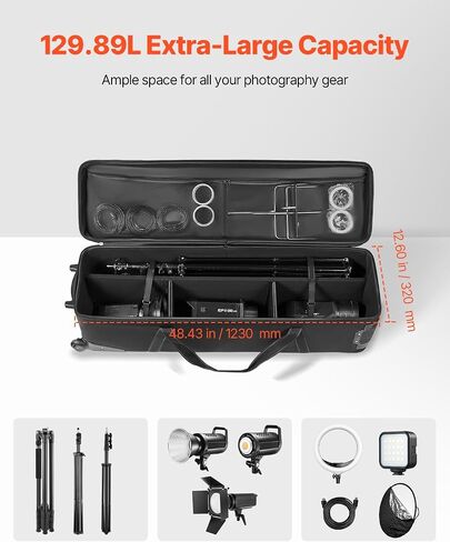 VEVOR Studio Equipment Trolley Case, 35.83 x 11.81 x 14 in / 91 x 30 x 35.5 cm, Rolling Camera Bag, Carrying Bag with Wheels Straps Padded Compartment Handle, for Light Stands, Tripods, Telescopes in Saudi Arabia