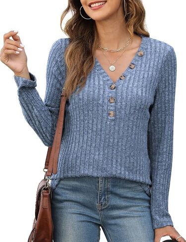 سترة نسائية من Viracy وسترات خفيفة الوزن وقمصان بأكمام طويلة ورقبة على شكل حرف V وأزرار سفلية وبلوزات كاجوال للعمل in Kuwait