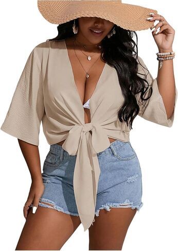 قمصان علوية قصيرة للسيدات من Floerns بمقاس كبير ورباط أمامي نصف كم كيمونو in Kuwait