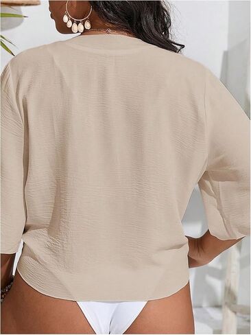 قمصان علوية قصيرة للسيدات من Floerns بمقاس كبير ورباط أمامي نصف كم كيمونو in Kuwait