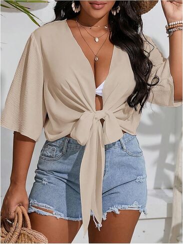 قمصان علوية قصيرة للسيدات من Floerns بمقاس كبير ورباط أمامي نصف كم كيمونو in Kuwait