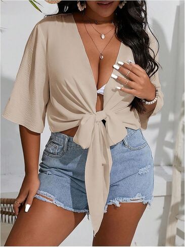 قمصان علوية قصيرة للسيدات من Floerns بمقاس كبير ورباط أمامي نصف كم كيمونو in Kuwait