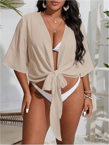 قمصان علوية قصيرة للسيدات من Floerns بمقاس كبير ورباط أمامي نصف كم كيمونو in Kuwait