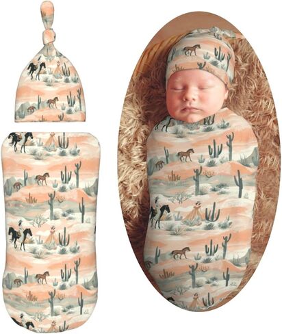 Western Cowboys Horses Newborn Swaddle Blankets Hat Sets Soft Baby Receiving Blanket Swaddle Sack for Baby Shower Infant Boy Girl Gift in Kuwait