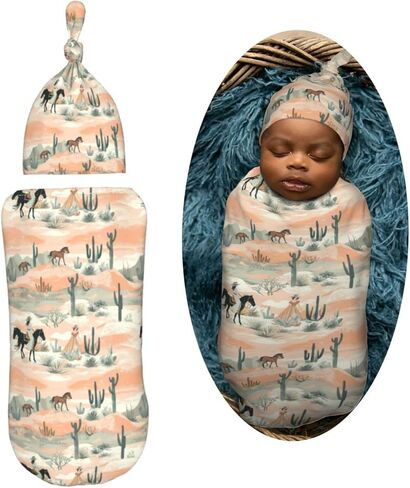 Western Cowboys Horses Newborn Swaddle Blankets Hat Sets Soft Baby Receiving Blanket Swaddle Sack for Baby Shower Infant Boy Girl Gift in Kuwait