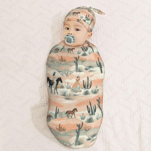 Western Cowboys Horses Newborn Swaddle Blankets Hat Sets Soft Baby Receiving Blanket Swaddle Sack for Baby Shower Infant Boy Girl Gift in Kuwait