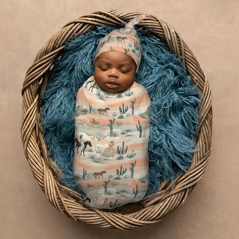 Western Cowboys Horses Newborn Swaddle Blankets Hat Sets Soft Baby Receiving Blanket Swaddle Sack for Baby Shower Infant Boy Girl Gift in Kuwait