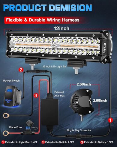 12 inch LED Light Bar Kit with 5 Pin Rocker Switch Wiring Harness Triple Row Flood Spot Combo Off Road Driving Fog Lights LED Bar Work Lights for Trucks UTV ATV Tractor Golf Cart in Kuwait