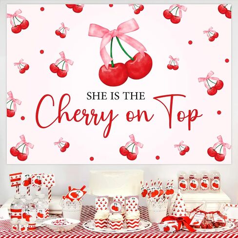 She's The Cherry on Top Backdrop Fruit Themed Bachelorette Party Backdrop Cherry on Top Party Decor Cherry Baby Shower Decor for Women Baby Girl Bday Baby Shower Bachelorette Party Supplies 5 * 3ft in Kuwait
