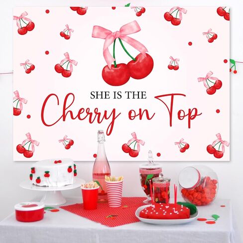 She's The Cherry on Top Backdrop Fruit Themed Bachelorette Party Backdrop Cherry on Top Party Decor Cherry Baby Shower Decor for Women Baby Girl Bday Baby Shower Bachelorette Party Supplies 5 * 3ft in Kuwait