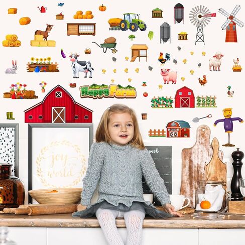 Funny Farm Wall Decals Cartoon Animal Wall Stickers Removable Large Farmhouse Wall Decals Vegetable Fruits Wall Stickers Farm Theme Wall Decor for Kids Room Nursery Bedroom Decor in Kuwait