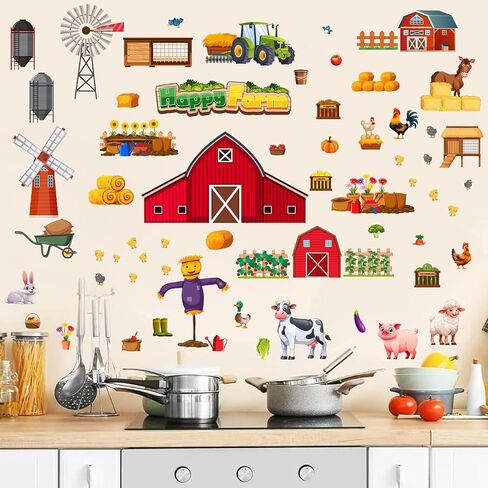 Funny Farm Wall Decals Cartoon Animal Wall Stickers Removable Large Farmhouse Wall Decals Vegetable Fruits Wall Stickers Farm Theme Wall Decor for Kids Room Nursery Bedroom Decor in Kuwait