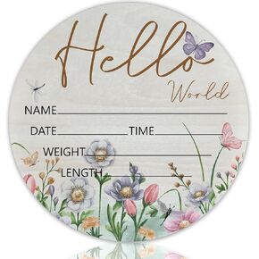 Baby Announcement Sign for Newborn Boys or Girls, Hello World Newborn Sign, Nursery Wall Decor, Baby Name Sign, Butterfly Boho Theme Birch Wood 6 inch Circle Board Birth Stat Sign, Newborn Gifts
