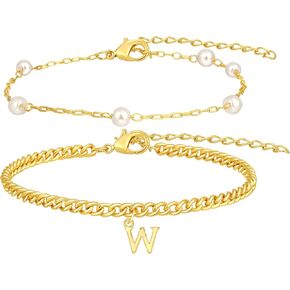 Gold Initial Pearl Bracelets for Women Layered Dainty Tiny Pearls Link Chain Gold Bracelets Jewelry Gifts Bridesmaid Birthday Gifts for Women Valentines Day Gifts for her Girlfriend Wife