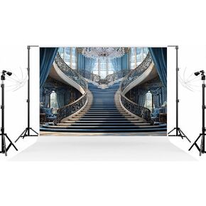 Kate 7×5ft (2.2×1.5m) European Luxury Blue Photo Backdrop Classic Staircase Crystal Chandelier Curtains Interior Photography Background for Photo Studio Photographer Props in Saudi Arabia