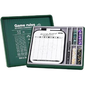 Dice Tray and Storage Case for Farkle Game - Includes Embedded Scoring Combinations, 4 Sets of 6 Pearl Dice, 50 Sheet Score Pad and Pen Holder for The Classic Family Game - Red and Black