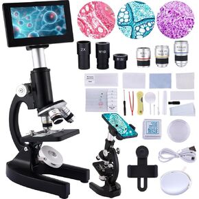 Microscope 40X-2500X Magnification with 4.3-inch Display, Wide-Angle 10X and 25X eyepieces, and Built-in 5-megapixel Camera for School Labs, Animal Husbandry (White)