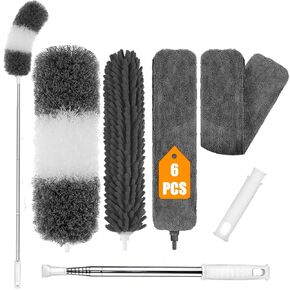 Microfiber Feather Duster, 7PCS Washable Dusters for Cleaning Kit with 100" Extension Long Pole, Bendable Telescopic Duster for Cleaning Dust on High Ceiling Fans Lights Blinds Cars Furniture