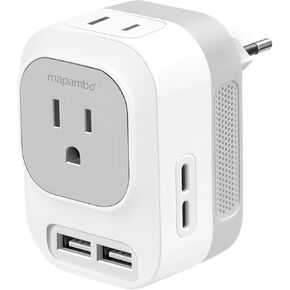 Mapambo 220V to 110V Voltage Converter US to Europe Converter for European Travel Plug Adapter with 2 USB Port 2 USB C International Power Adapter for US to France Germany Italy Spain (Grey)
