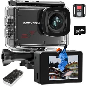 Apexcam Action Camera 4K with 64GB Card, HD 60FPS 48MP Sports Camera for Vlogging, 40M Waterproof Camera Underwater, 170 ° Wide Angle WiFi Camcorder, 8X Zoom, Remote Control, Helmet Mount Accessories