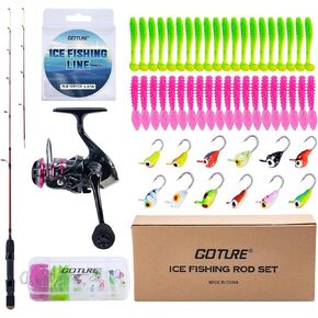 Goture Ice Fishing Rod Reel Combo, Double Tip Ice Fishing Rod, 86/96Pcs Ice Jig Set, Portable Ice Fishing Kit Include Ice Fishing Reel, Fishing Rod Holder, Ice Fishing Scoop, Ice Fishing Starter Kit