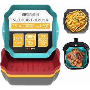 Silicone Air Fryer Liners Set OF 4, Air Fryer Silicone Liners for 5-8QT Air Fryer Tray Baking Oven, Large 8.5" Reusable Square Air Fryer Liners with Handles & Holes, Air Fryer Accessories