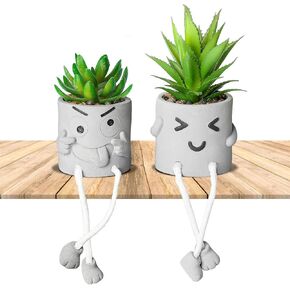 INFTYLE Creative Artificial Succulent Plants with Pots - 4 Pieces Mini Fake Plant Faux Succulent Emotional Cement Potted for Home Desk Shelf Kitchen Bathroom and Offices Decor Gift Set(4 PCS)