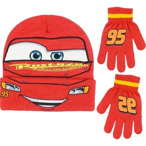Disney Pixar Cars Kids Beanie Hat and Gloves Set, Lightning McQueen Winter Knit Cap with Cuff and Matching Mittens, Red, One Size