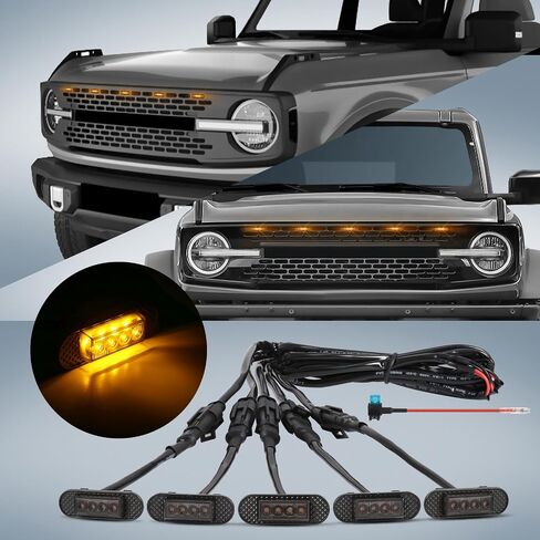 3 Pcs Grille Lights Compatible with 2021 2022 2023 2024 Ford Bronco Badlands, Wildtrak, Everglades 2/4-Door - LED Front Grille Lights Accessories with Harness & Fuse(Amber Light) in Saudi Arabia