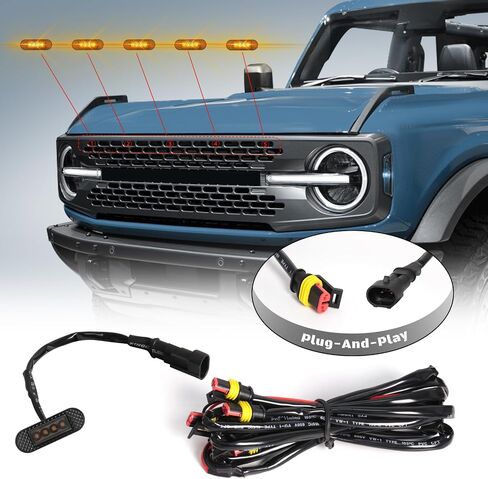 3 Pcs Grille Lights Compatible with 2021 2022 2023 2024 Ford Bronco Badlands, Wildtrak, Everglades 2/4-Door - LED Front Grille Lights Accessories with Harness & Fuse(Amber Light) in Saudi Arabia