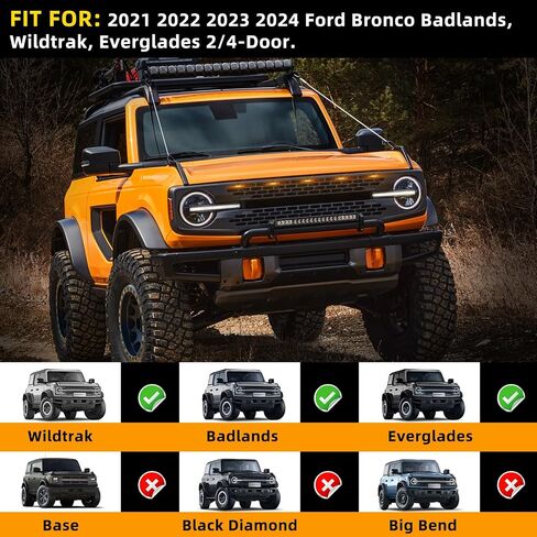 3 Pcs Grille Lights Compatible with 2021 2022 2023 2024 Ford Bronco Badlands, Wildtrak, Everglades 2/4-Door - LED Front Grille Lights Accessories with Harness & Fuse(Amber Light) in Saudi Arabia