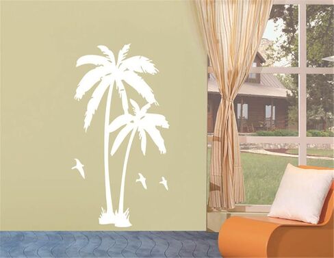 BIBITIME 2 Coconut Trees Wall Decal Black Vinyl Coco Palm Silhouette Birds Sticker for Living Room School Nursery Bedroom Kids Children Rooms Decor Home Art Murals in Kuwait