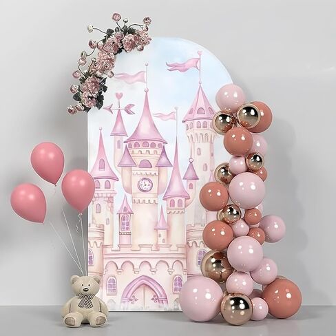 6.6FT Pink Castle Tower Arch Cover Round Arch Backdrop Chiara Fairy Tales for Birthday Party Baby Shower Decor Groovy(6.6x3.3ft,No Frame No Zipper) in Saudi Arabia