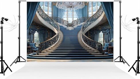 Kate 7 × 5ft (2.2 × 1.5m) أوروبا الفاخرة الزرقاء الخلفية الخلفية الكلاسيكية الدرج الكريستال الستائر الخلفية التصوير الفوتوغرافي الداخلية لاستوديو الصور الدعائم in Kuwait