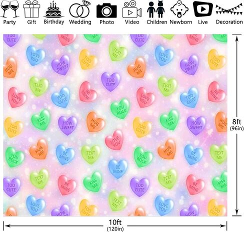 7x5ft Fabric Valentine's Day Sweet Heart Photography Backdrop Conversation Hearts Candy Sayings Signs Background Anniversary Photo Tapestry Booth Props in Kuwait