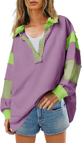 SENSERISE Womens Oversized Sweatshirt Striped Shirt Long Sleeve Color Block Tops Casual V Neck Polo Shirts Pullover in Kuwait