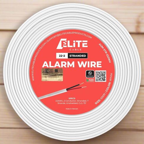 Elite 22-2 Solid Alarm Wire - 500ft, CL3, in Wall, OFC Oxygen Free Copper, UL Listed, Premium Alarm Cable, Low Voltage (White) in Kuwait