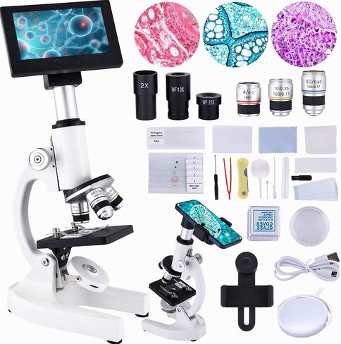 Microscope 40x-2500x التكبير مع شاشة 4.3 بوصة ، وعيون عريضة 10x و 25x ، وكاميرا مدمجة 5 ميجابكسل لمختبرات المدارس ، تربية الحيوانات (أبيض) in Kuwait