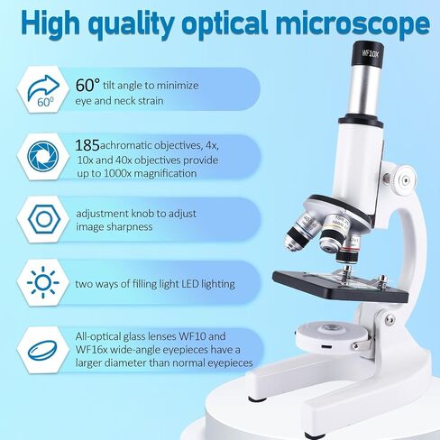 Microscope 40x-2500x التكبير مع شاشة 4.3 بوصة ، وعيون عريضة 10x و 25x ، وكاميرا مدمجة 5 ميجابكسل لمختبرات المدارس ، تربية الحيوانات (أبيض) in Kuwait