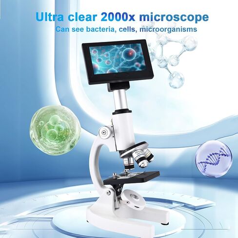 Microscope 40x-2500x التكبير مع شاشة 4.3 بوصة ، وعيون عريضة 10x و 25x ، وكاميرا مدمجة 5 ميجابكسل لمختبرات المدارس ، تربية الحيوانات (أبيض) in Kuwait