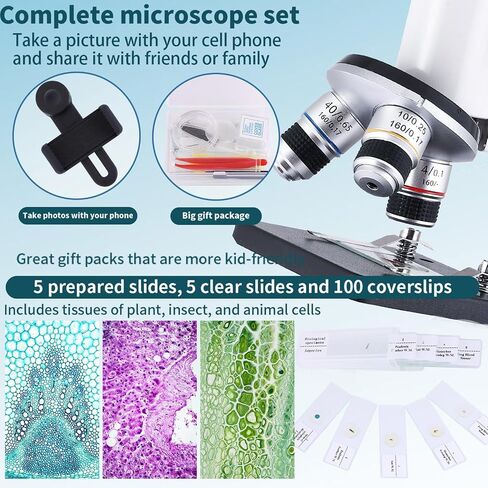 Microscope 40x-2500x التكبير مع شاشة 4.3 بوصة ، وعيون عريضة 10x و 25x ، وكاميرا مدمجة 5 ميجابكسل لمختبرات المدارس ، تربية الحيوانات (أبيض) in Kuwait