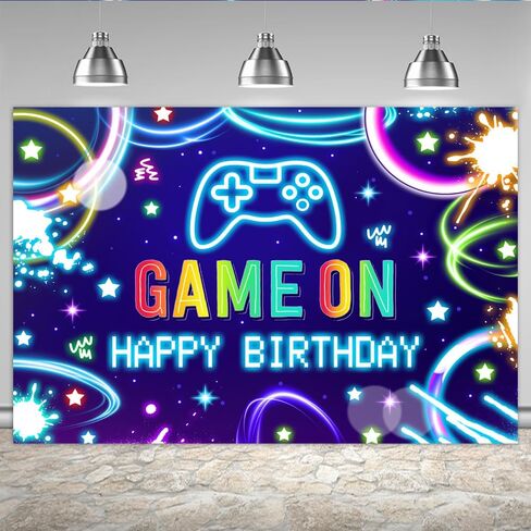 Lofaris 5x3ft Game on Background Boys Neon عيد ميلاد سعيد ألعاب الفيديو على مستوى خلفية الأطفال لوازم حفلة عيد ميلاد الأسود والأزرق لافتة العاصفة. in Kuwait