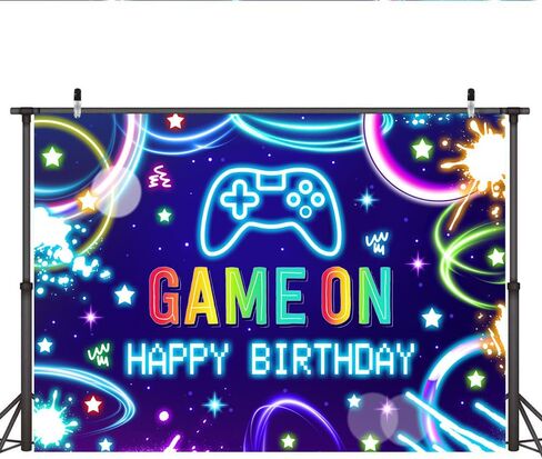 Lofaris 5x3ft Game on Background Boys Neon عيد ميلاد سعيد ألعاب الفيديو على مستوى خلفية الأطفال لوازم حفلة عيد ميلاد الأسود والأزرق لافتة العاصفة. in Kuwait